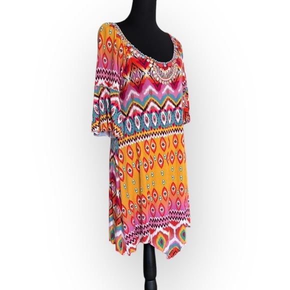 Joyous and Free Colorful Beaded Boho Aztec Tunic Dress 3/4 Bell Sleeves Size M - Picture 1 of 11